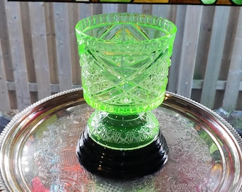 Antique Uranium Glass Sugar Bowl: 1880s Vaseline Glass, Daisy & Button Mikado Design