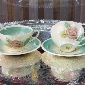 Antique Susie Cooper Patricia Rose Teacups & Saucers - 1930s Green Border