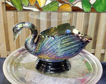 Vintage Westmoreland Red Carnival Glass Swan Nesting Dish and Lid