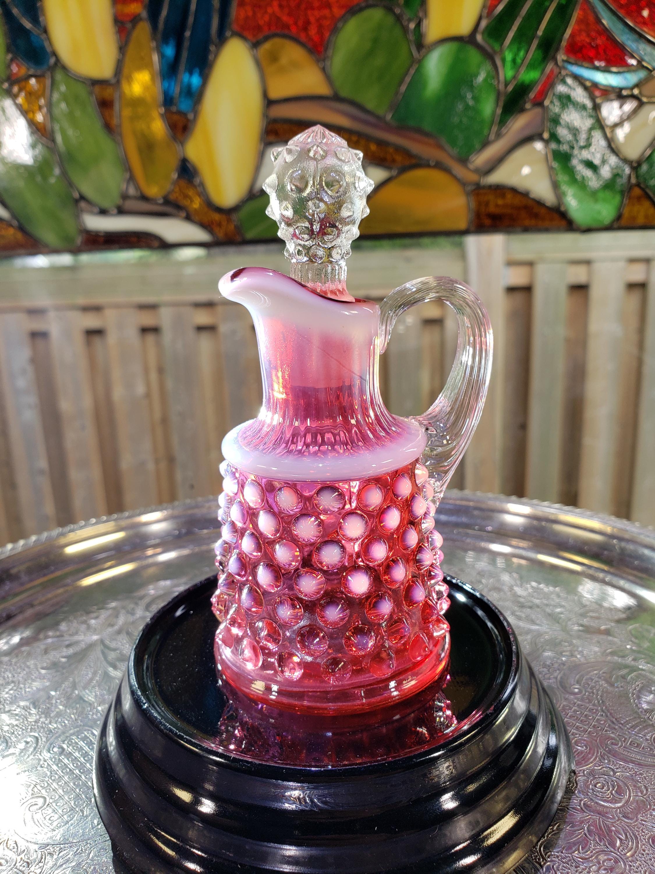 Vintage Fenton Cranberry Pink Opalescent Hobnail Cruet With