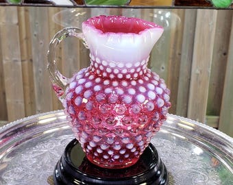 Fenton Glass Pitcher: Cranberry Pink Hobnail - Opalescent Vintage