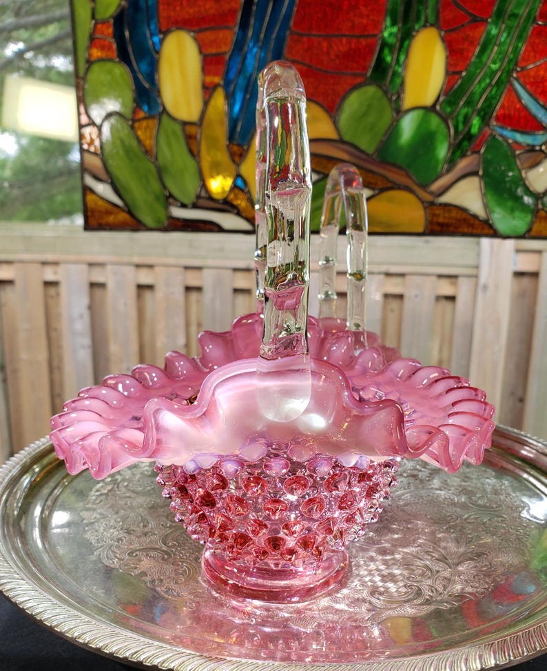 Vintage Fenton Cranberry Pink Opalescent Hobnail Glass Baskets - Pair ...