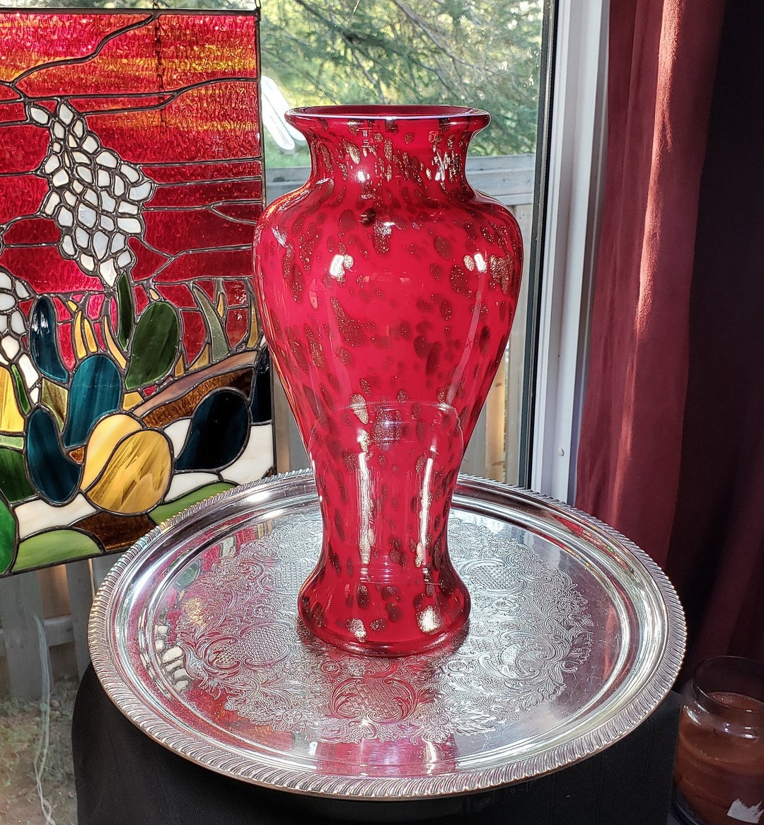 Retro Red & Gold Tall Art Glass Vase, Red Glass Flower Vase Retro Vase, Housewarming Gift, MCM