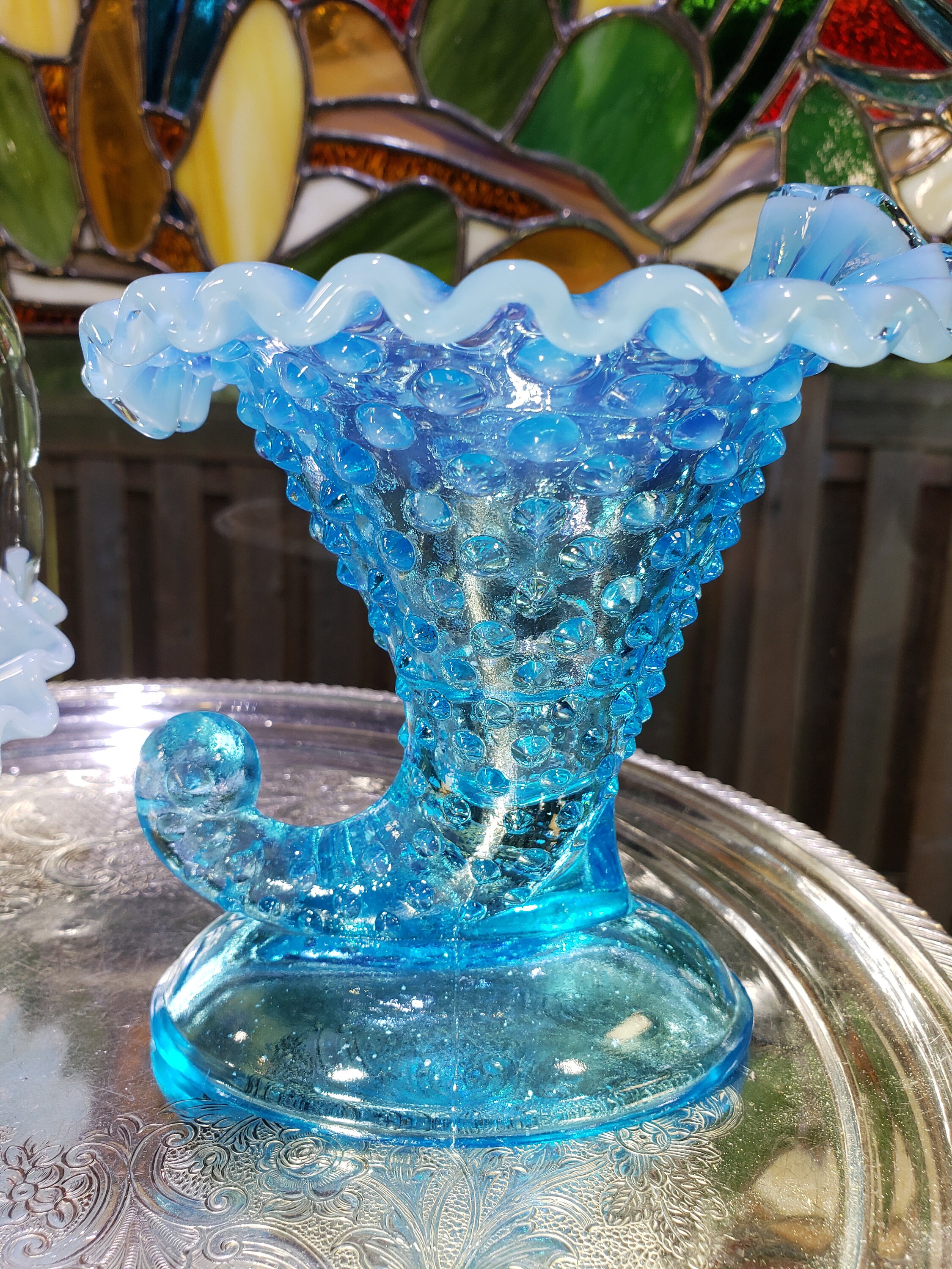 Vintage Fenton Opalescent Blue Hobnail Basket and Horn of Plenty