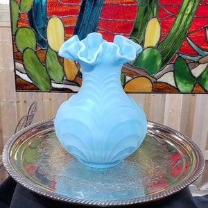 Vintage Fenton Blue Satin Drape Pattern Ruffled Crimped Edge Vase - 8 1|4 in tall, - Vintage Vase, Ruffle Vase