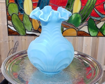 Vintage Fenton Blue Satin Drape Pattern Ruffled Crimped Edge Vase - 8 1/4 in tall, - Vintage Vase, Ruffle Vase  >>> FREE SHIPPING <<<