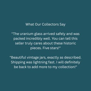 The image is a collage of two images. The first image shows a beautiful vintage jar, and the second image depicts a beautiful vintage jar. The text in the image describes the seller's appreciation for these historic pieces, stating that the seller truly cares about these pieces and that the seller will definitely be back to add more to the collection.