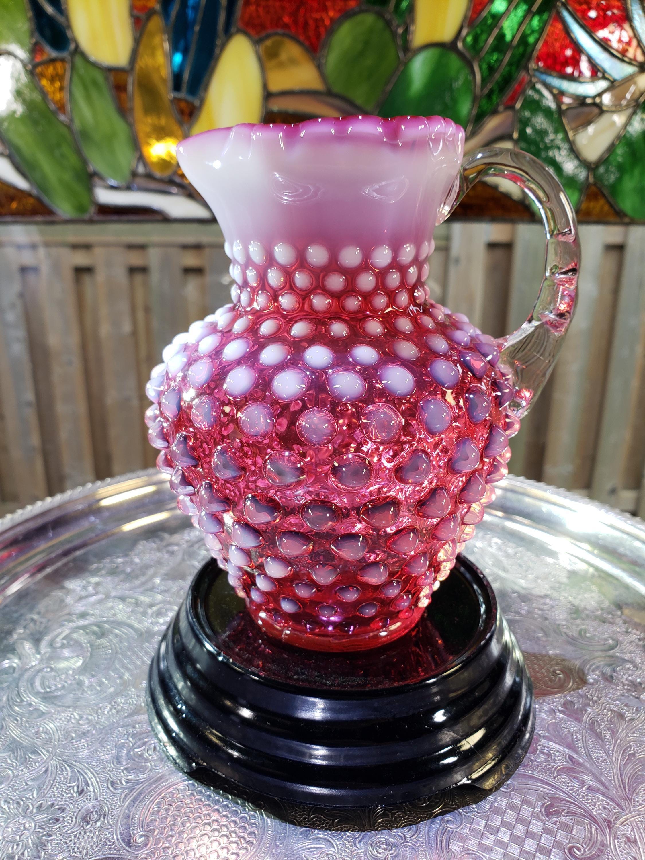 Fenton Glass Pitcher: Cranberry Pink Hobnail - Opalescent Vintage