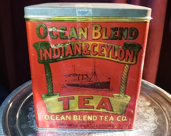 Vintage Ocean Blend Indian & Ceylon Tea Tin Ocean Blend Tea Co., Room Decor, Farmhouse Decor   >>> FREE SHIPPING<<<