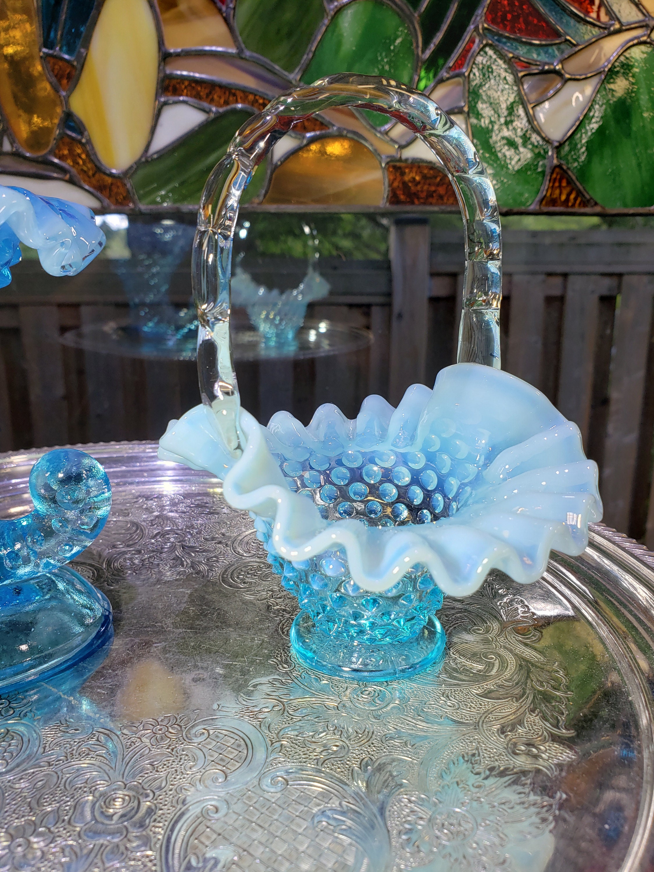 '50~'60 フェントン Fenton Blue Hobnail 美品 Fenton Colonial Blue Hobnail Glass Basket – Ruffled Edge, Applied