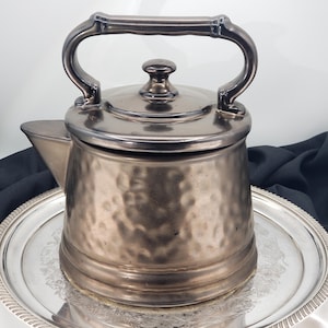 May include: A metallic, bronze-toned teapot with a hammered texture on the body. It features a rounded lid with a central knob, a curved spout, and a sturdy arched handle. The teapot sits on a round, silver-coloured decorative metal tray.