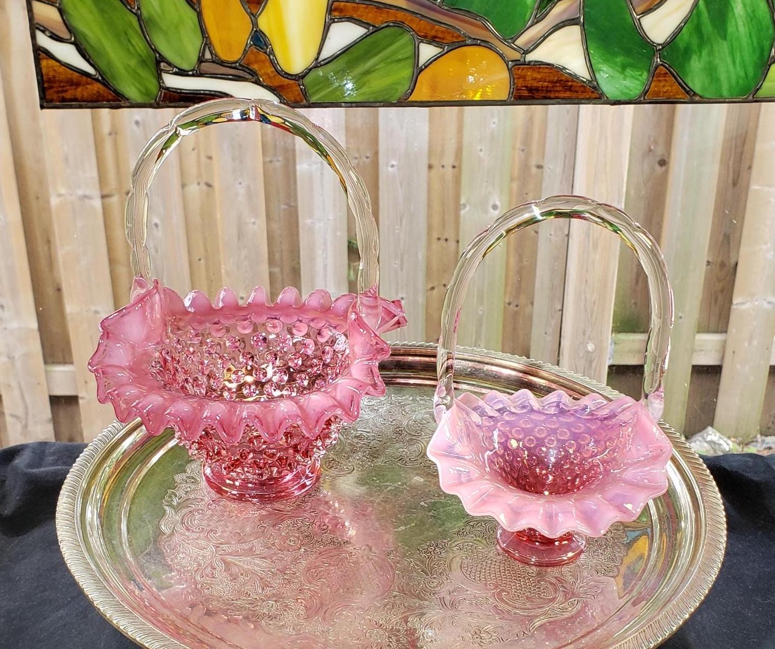 Vintage Fenton Cranberry Pink Opalescent Hobnail Glass Baskets