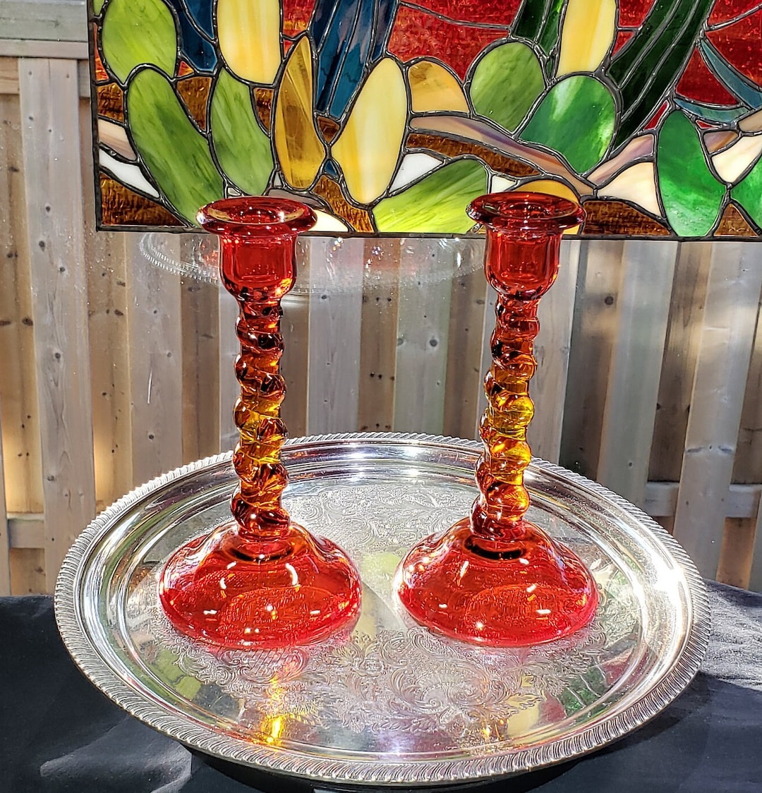 Vintage Tiffin Ruby Red & Orange Amberina Candle Stick Holders Antique Glass Candle Holders for