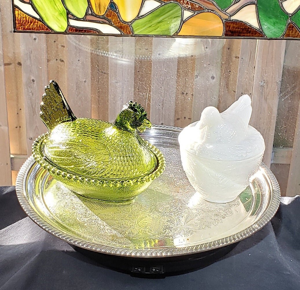 Vintage Indiana Glass Olive Hen on Nest & Avon Dove Trinket Dish