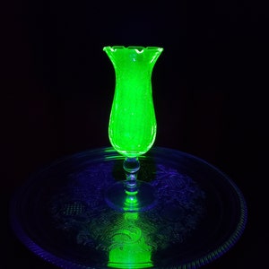 Vintage Vaseline Glass Crackle Footed Vase - Uranium Glass Vase, Vintage Decor, Victorian Decor, Glowing Glass