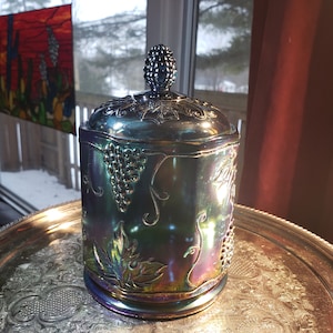 Vintage Iridescent Blue Carnival Glass Lidded Jar: Harvest Grape Decor