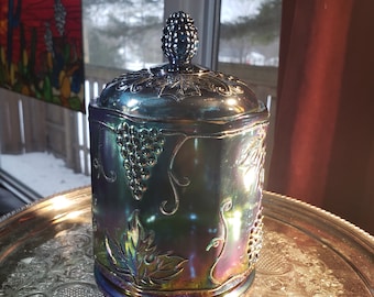 Vintage Iridescent Blue Carnival Glass Lidded Jar: Harvest Grape Decor