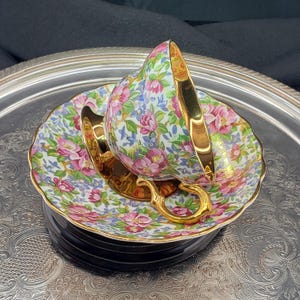 Vintage Rosina Bone China Teacup and Saucer: Chintz Floral Design