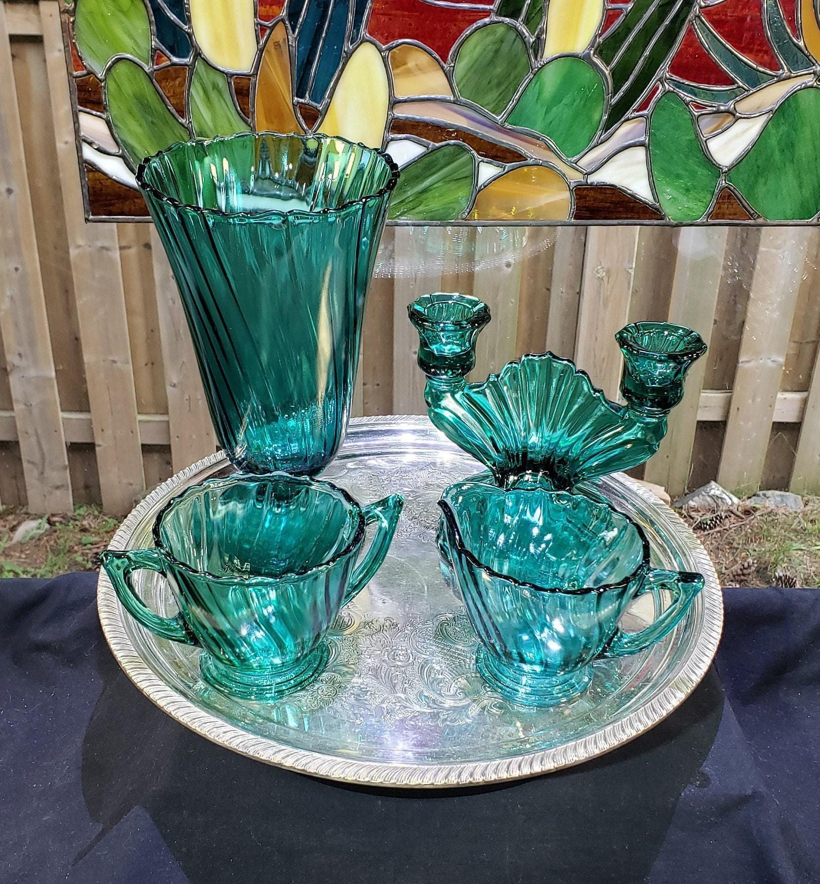 置物 vintage galss 1930s Glassware Set: Teal Blue Vase and Table Pieces - Depression