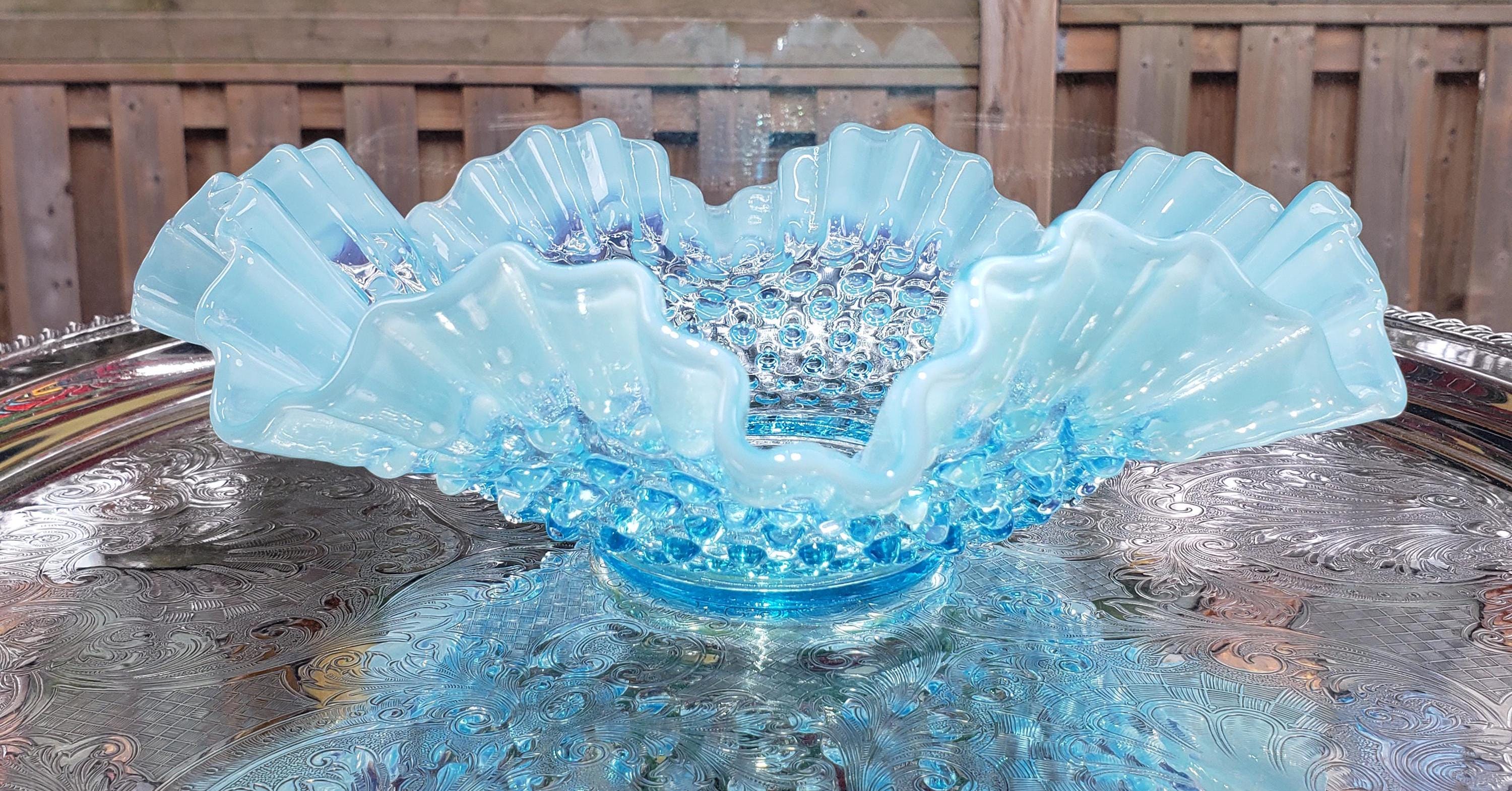 Vintage Fenton Blue Opalescent Hobnail Ruffle Bowl - 11 Inch