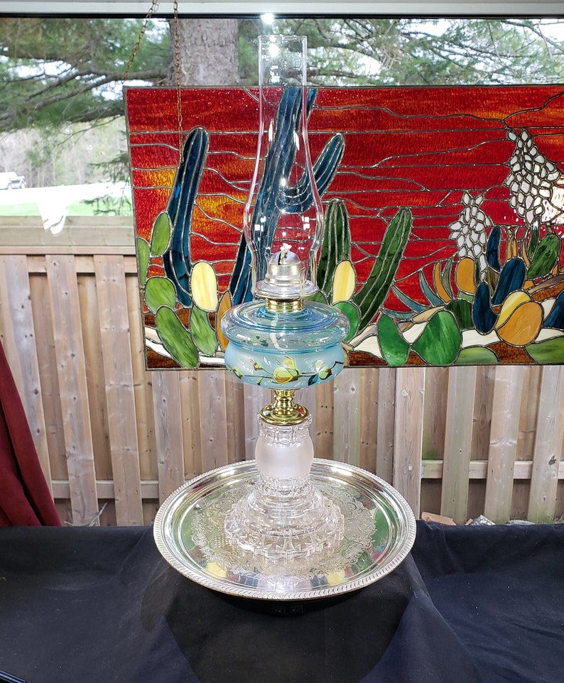 Vintage Adams Apollo Frosted Blue Oil Lamp With Hand Painted Design ...