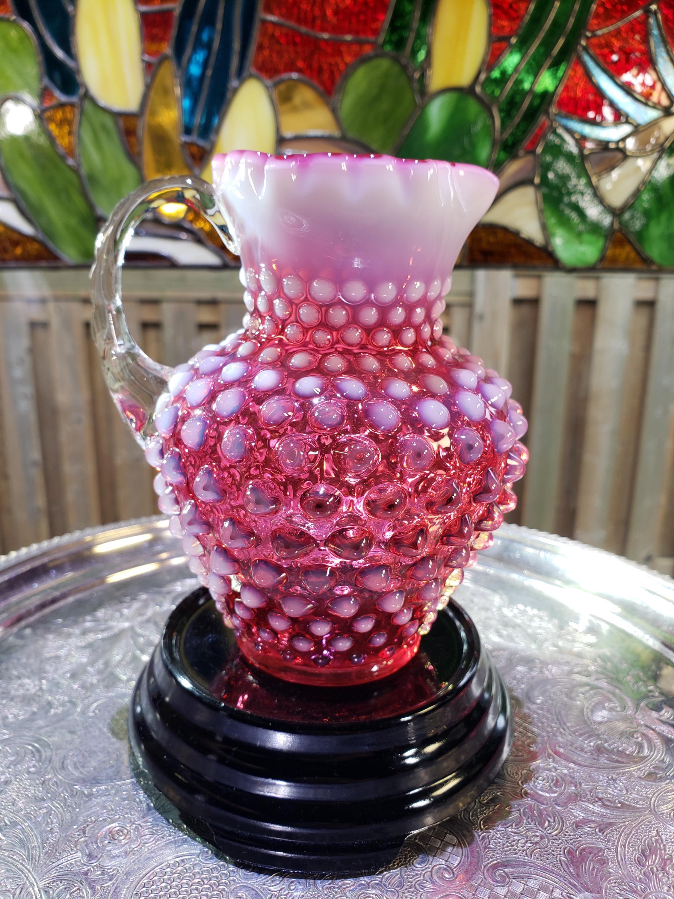 Fenton Glass Pitcher: Cranberry Pink Hobnail - Opalescent Vintage