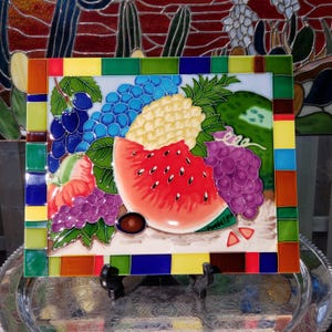 Vintage Large Wayne Gao Ceramic Tile - Watermelon & Mixed Fruit Wall Hanging, Kitchen Decor, Hand Made Decor, Gift For Her,  Free Shipping