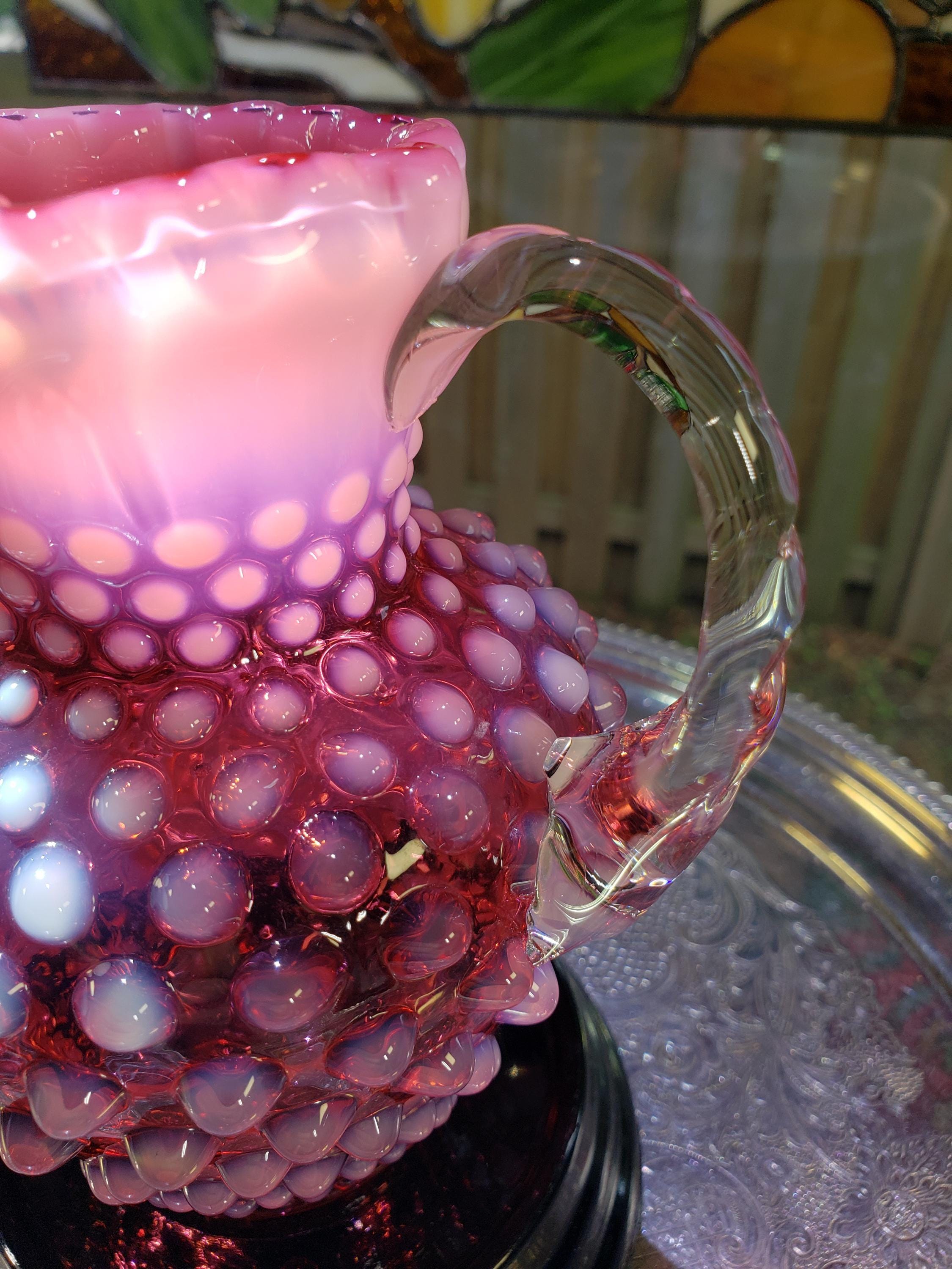 Fenton Glass Pitcher: Cranberry Pink Hobnail - Opalescent Vintage