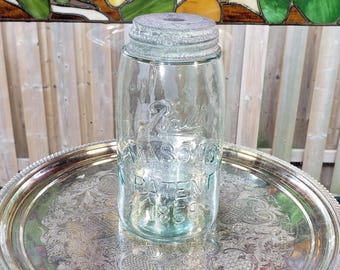 Antique Ball Jar: 1895 Light Aqua Quart Mason Jar with Lid