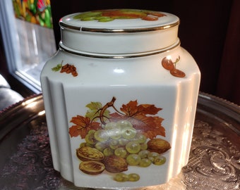 Sadler Porcelain Fruit Pattern Tea Canister, Retro Decor, Kitchen Decor     >>> FREE SHIPPING <<<