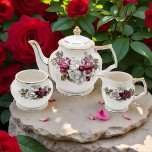 Sadler Rose Teapot Set: Deep Red and White Floral - Made in England