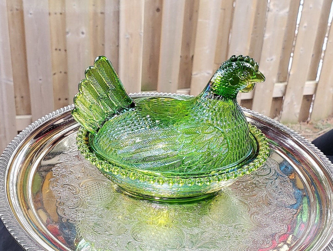 Vintage Bright Green Carnival Glass Hen on A Nest From Indiana Etsy