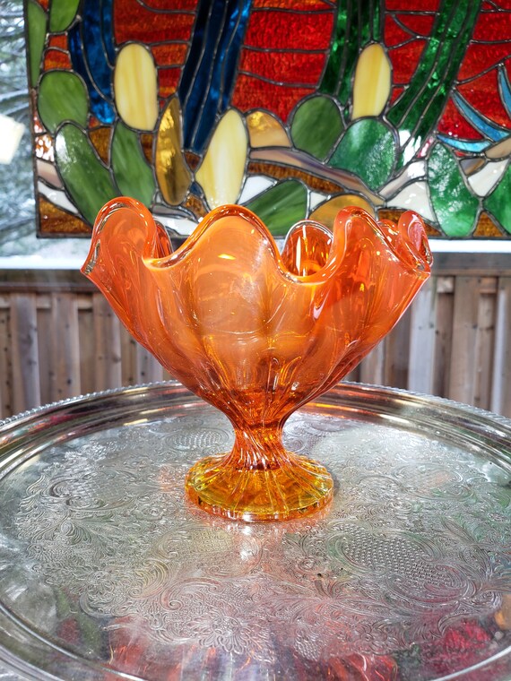 Vintage LE Smith Amberina Glowing Orange Handkerchief Bowl - 1960s