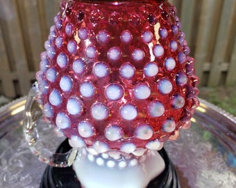 Vintage Fenton Cranberry Pink Opalescent Hobnail Syrup Pitcher