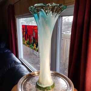 Very Tall Blue Trumpet Top Art Glass Flower Vase - Fantastic Large Vase !