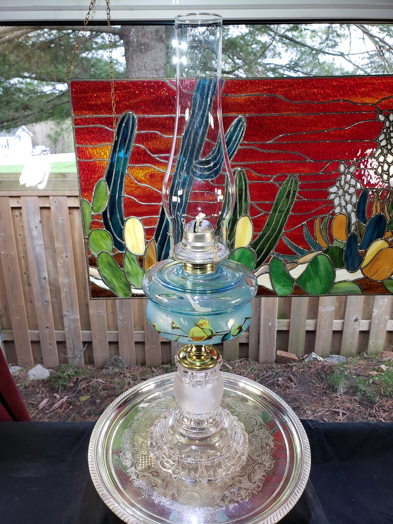 Vintage Adams Apollo Frosted Blue Oil Lamp With Hand Painted Design ...