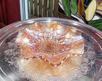 Dugan Carnival Glass Plate, Peach Opalescent Scales & Beads - HTF   >>> FREE SHIPPING <<<