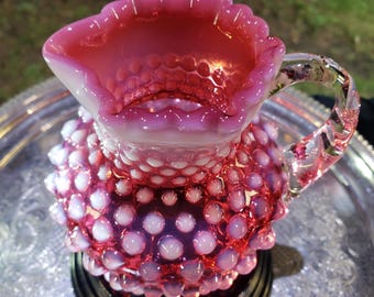 Fenton Glass Pitcher: Cranberry Pink Hobnail - Opalescent Vintage