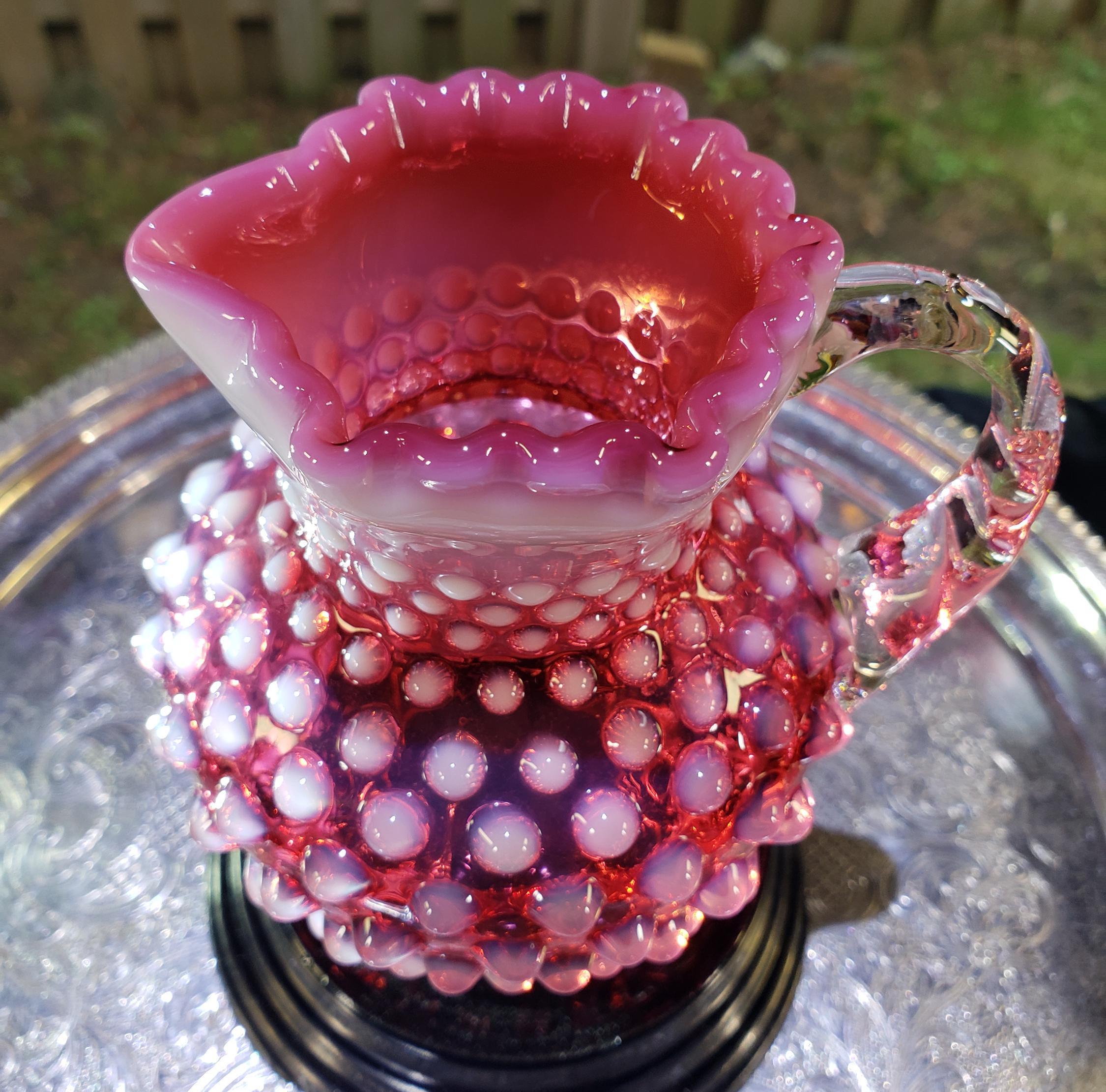 Fenton Glass Pitcher: Cranberry Pink Hobnail - Opalescent Vintage