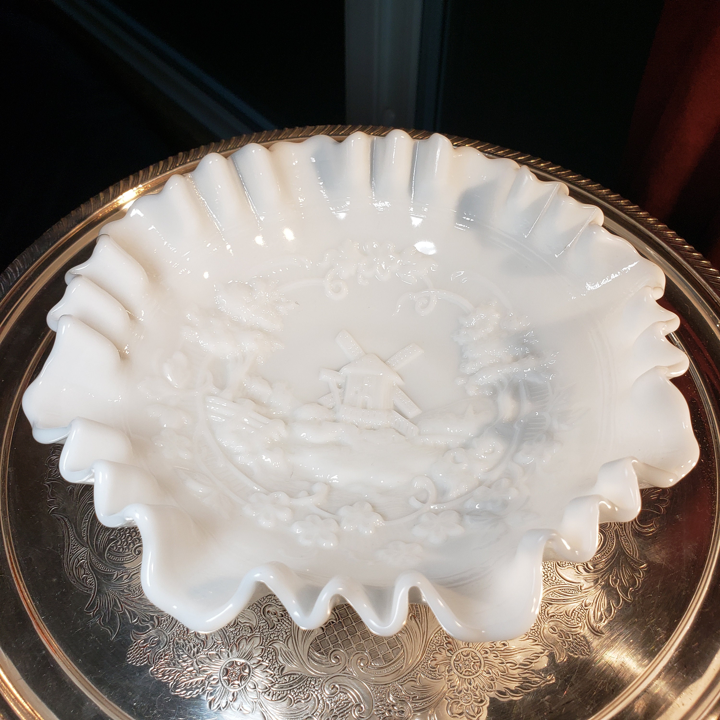 Matte White Milk Glass Dish Candy Bowl Scalloped 3-D Windmill