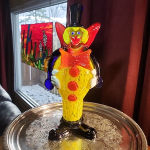 Murano Glass Clown In Yellow and Red With A Big Blue Hat, 12 Inches Tall, Hand Made Italian Art Glass