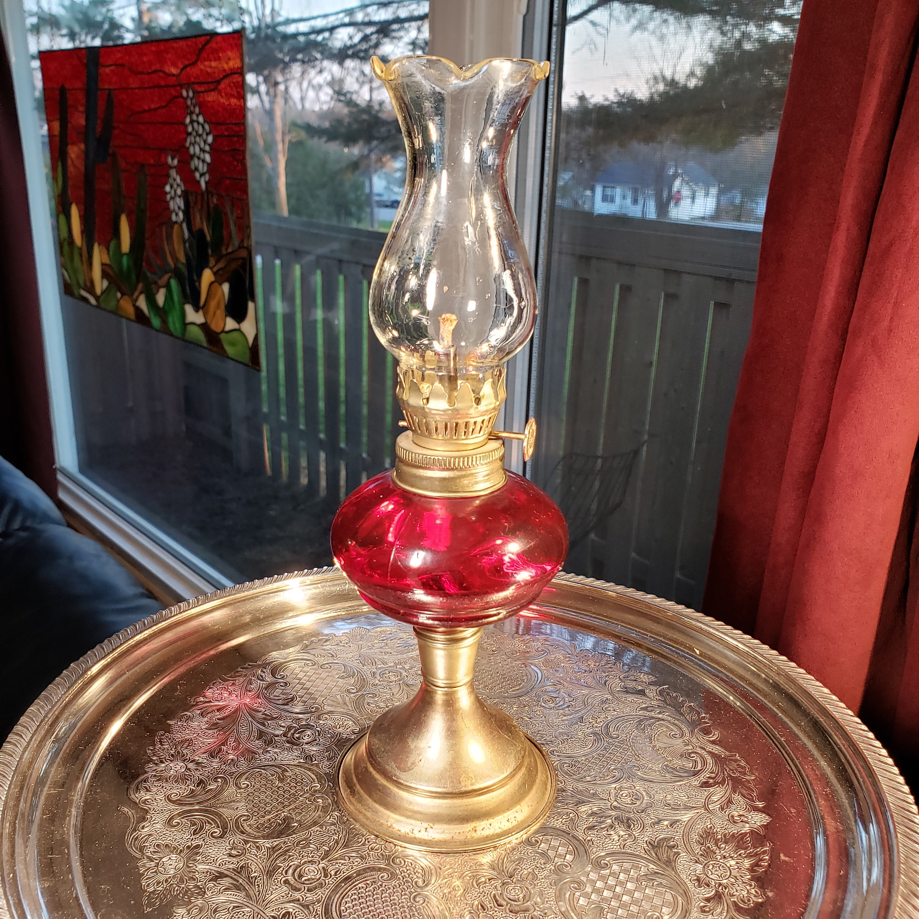 Vintage Brass Oil Lamp With Dark Red Glass - Hong Kong Farmhouse Decor -  Etsy, image size:3000x3000