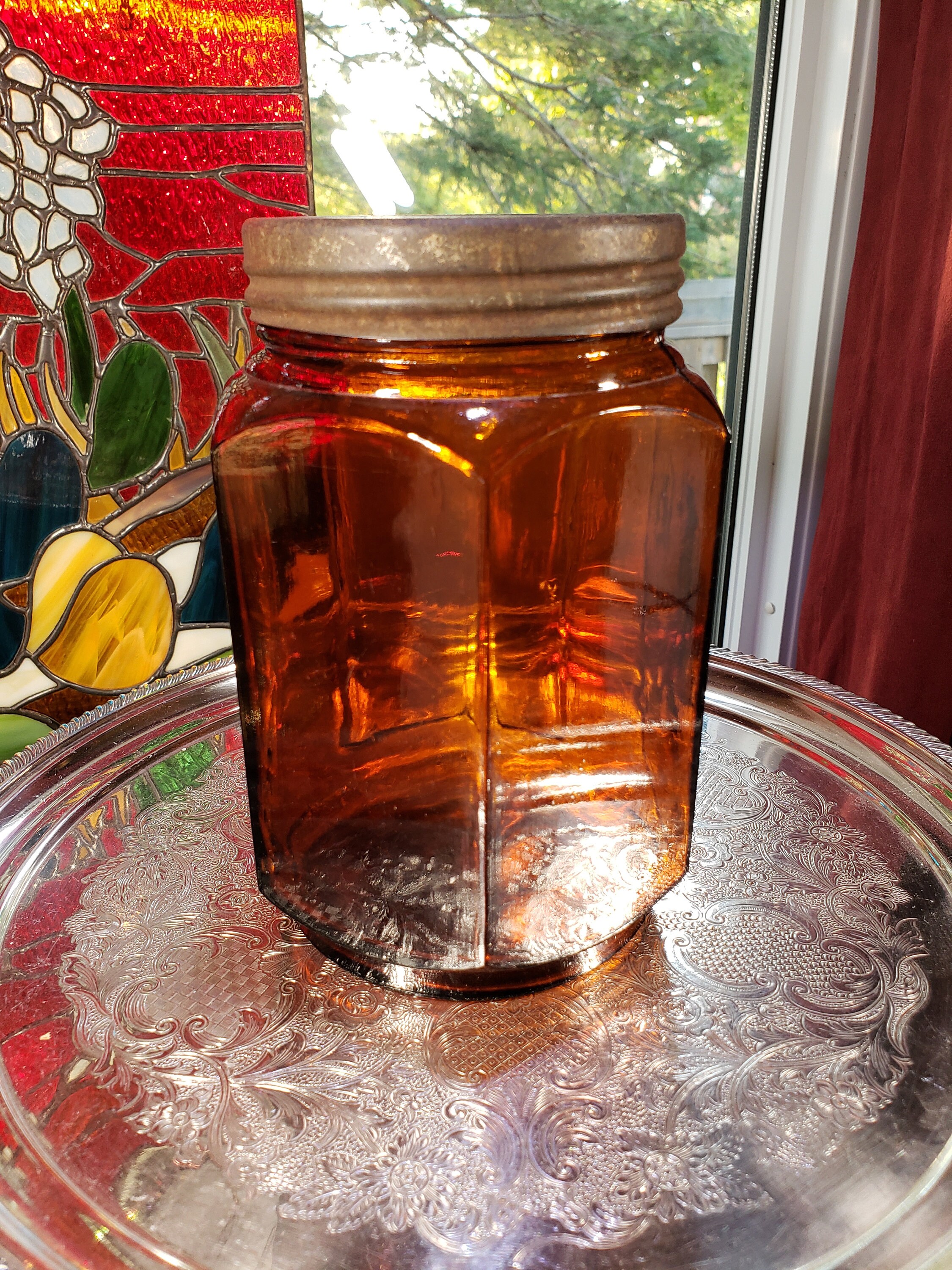 Vintage Amber Lidded Glass 6 Panel Jar With Inlayed 2 Panel
