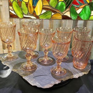 Vintage Arcoroc Luminarc &quot;Rosaline&quot; Pink Swirl Pattern Glass Assortment - Group Of 8 - French Decor, Depression Glass Tumblers, Wine Glasses