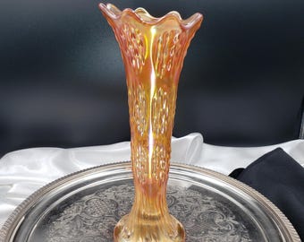 Fenton Carnival Glass Vase, Orange Iridescent Knotted Beads