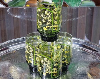 Vintage Libbey Drinking Glasses - Green & Yellow Floral Set, 1970s Decor