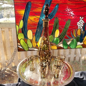 Vintage Amber Swirl Decanter Set: Gold Barware, Bohemia Crystal