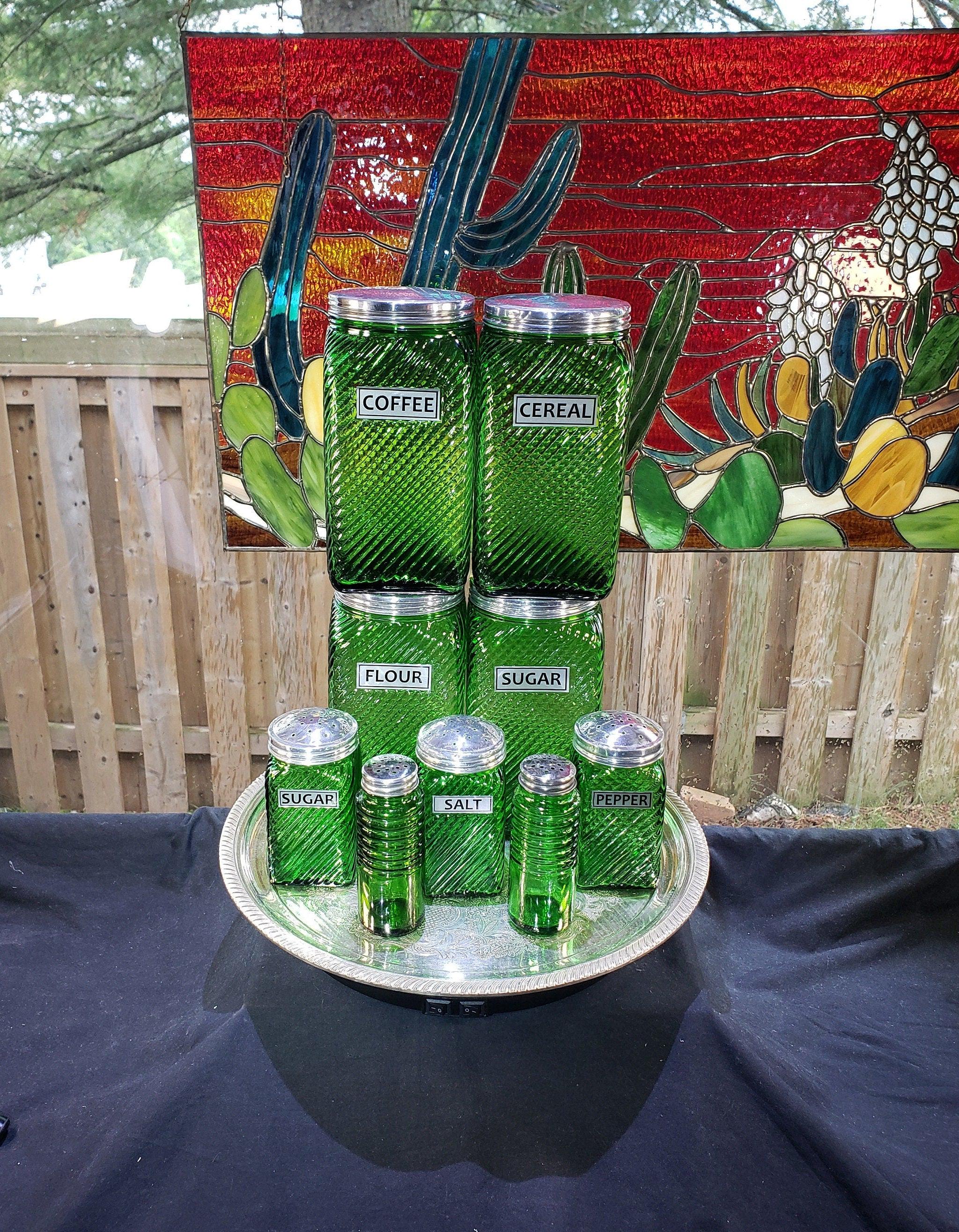 Vintage 1930s Hoosier Jars - Owens Illinois Canister Set - Restored Set Of 9, Depression Era Canisters and Shakers, Forest Green