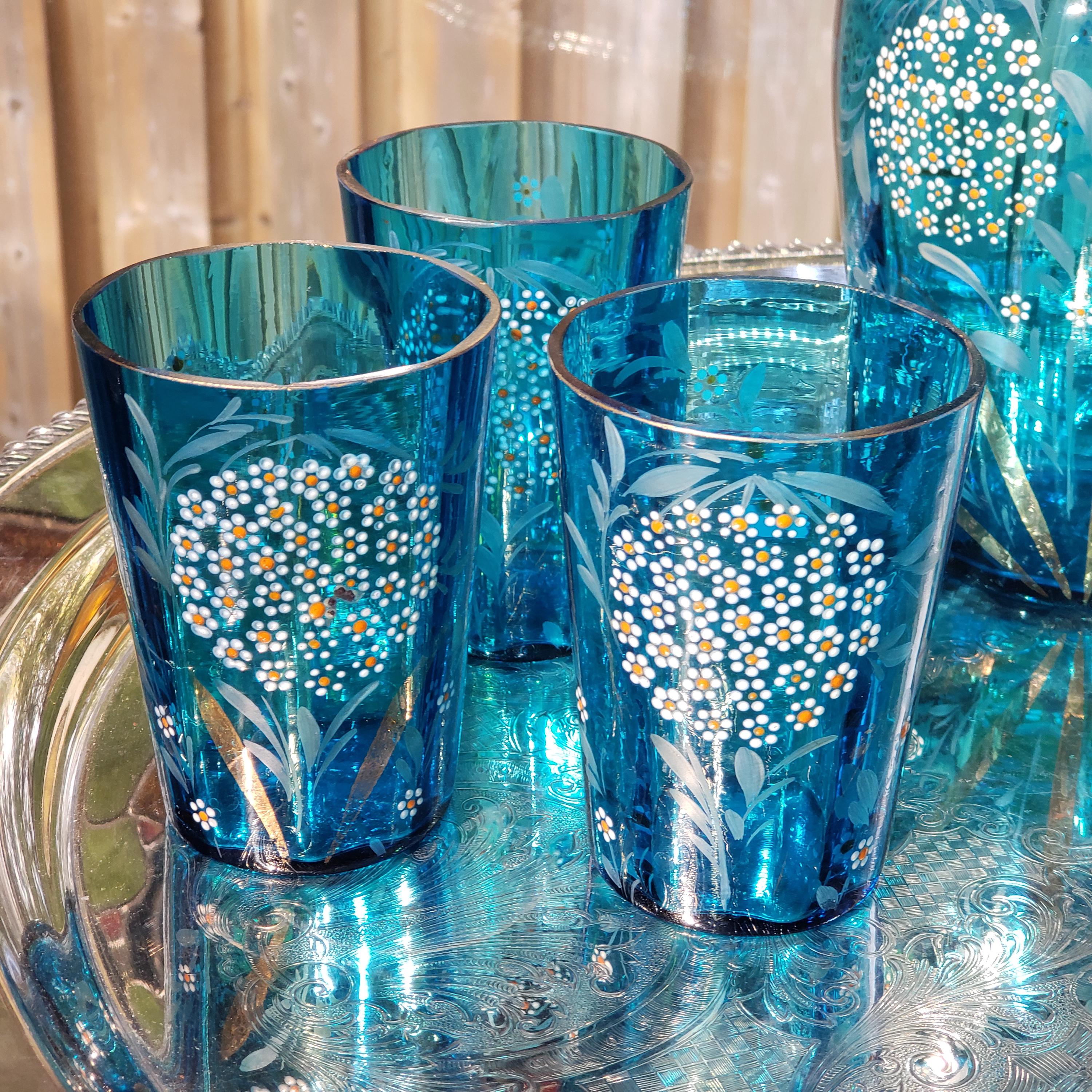 VICTORIAN GLASS セット　アンティーク Antique Ice Blue Glass Pitcher Set: Hand Decorated Victorian