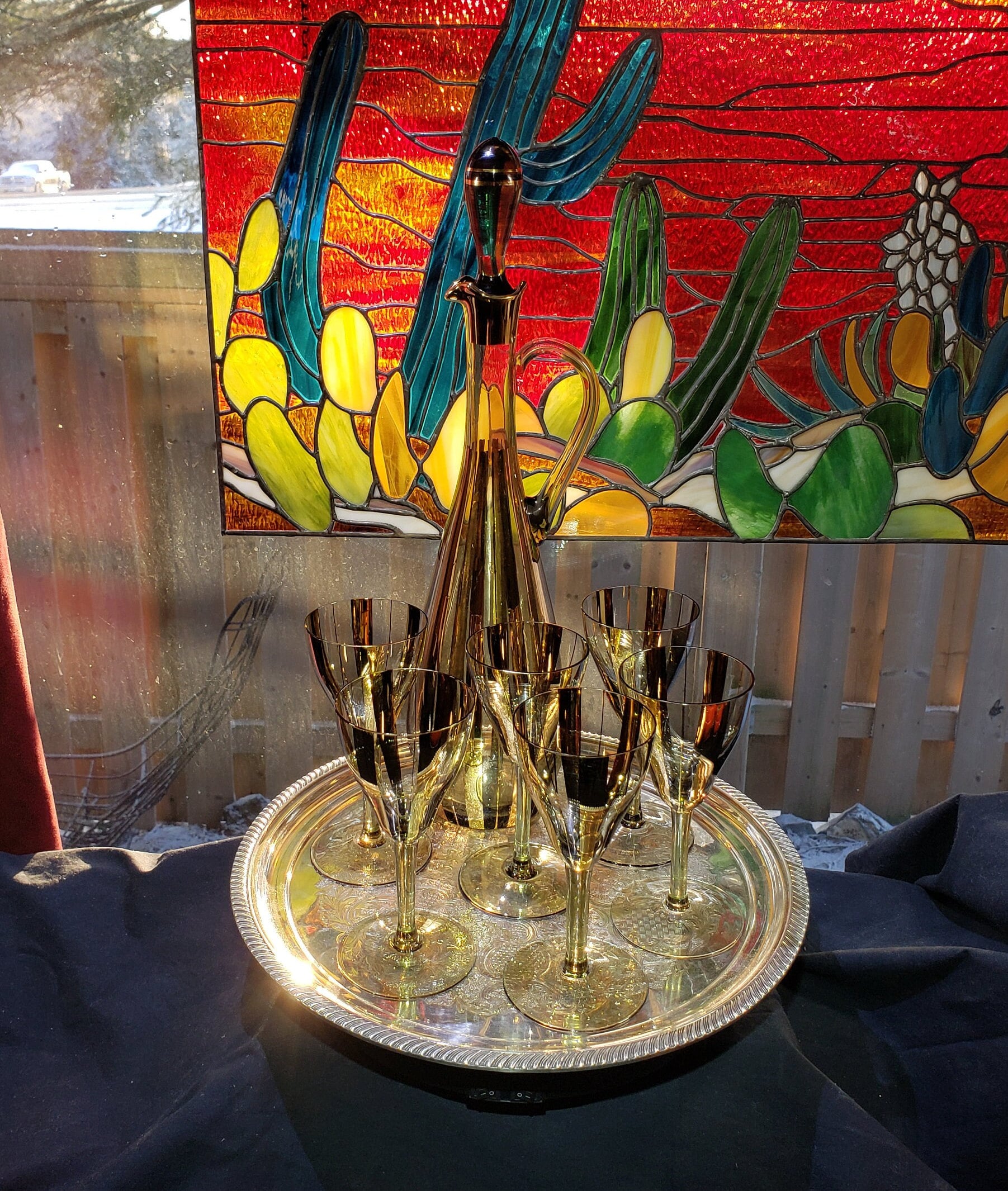 Vintage MCM Gold Decanter and Glass Set - Vintage Barware, Retro